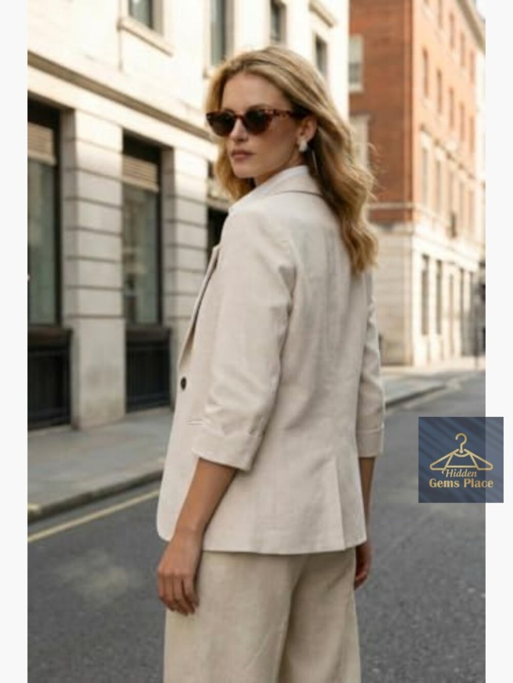 Linen Blazer Women 3/4 Sleeve Casual Lightweight Spring Summer Jacket - Picture 4 of 6